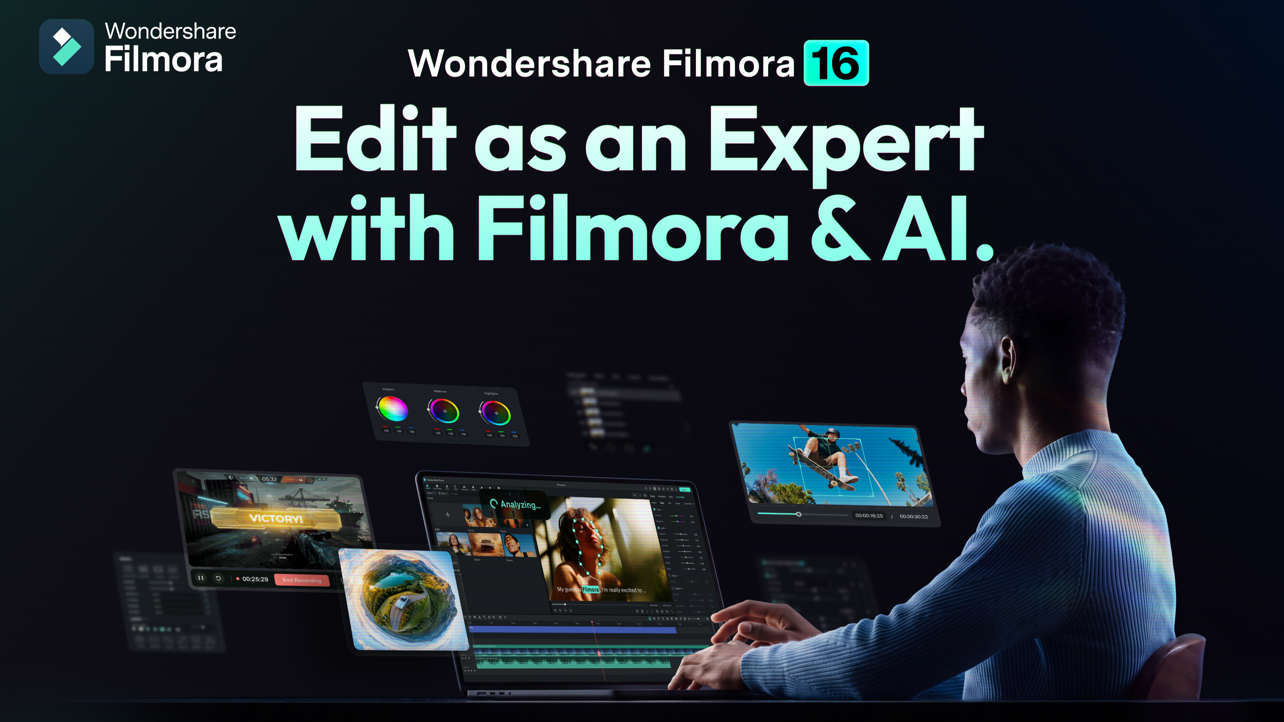 Man sitting at a laptop using Wondershare Filmora 16