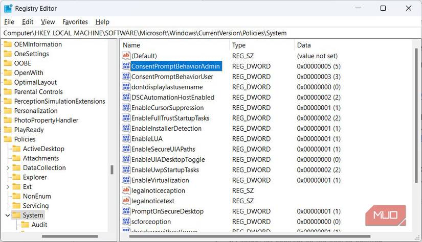 The ConsentPromptBehaviorAdmin value in Registry Editor.