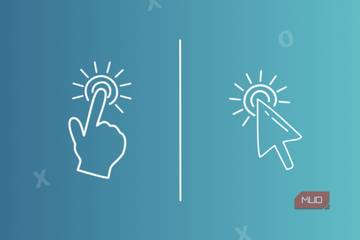 A vertical line separating two icons. On the left side is an icon representing a finger touching a screen. On the right side, an arrow icon represents a mouse pointer clicking on the screen.