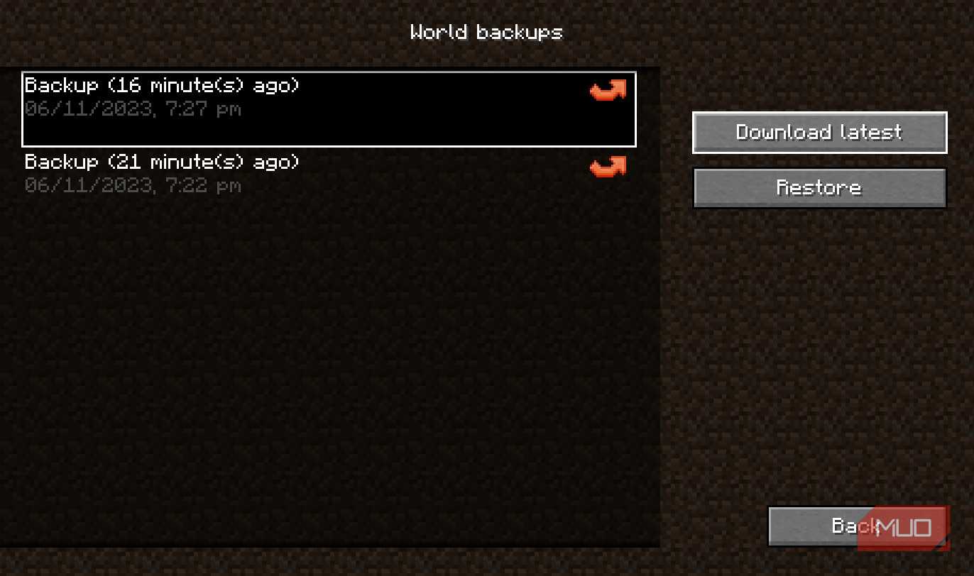 Minecraft Realms Java Edition Backups section
