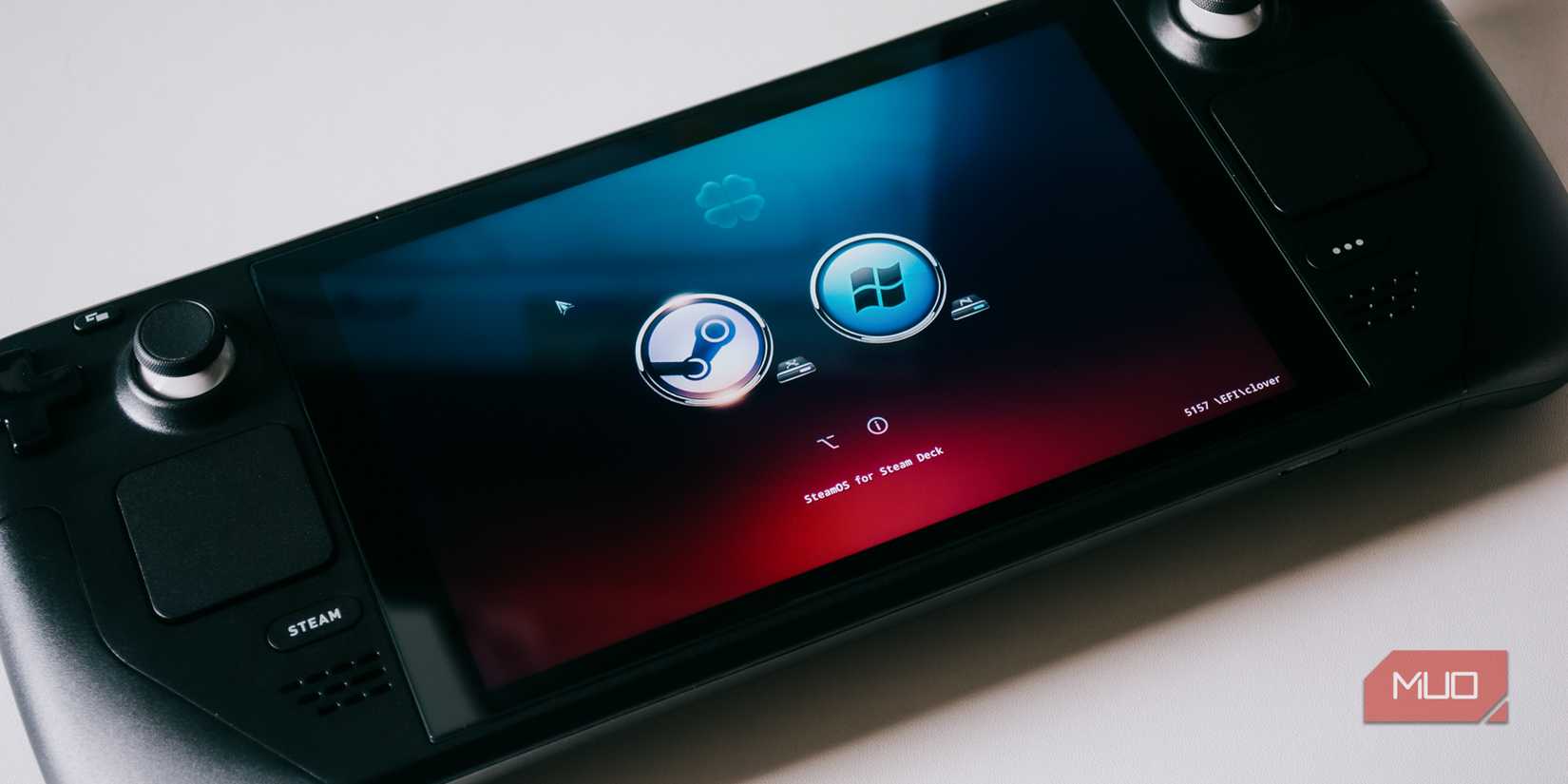 Closeup of Steam Deck with Clover dual boot