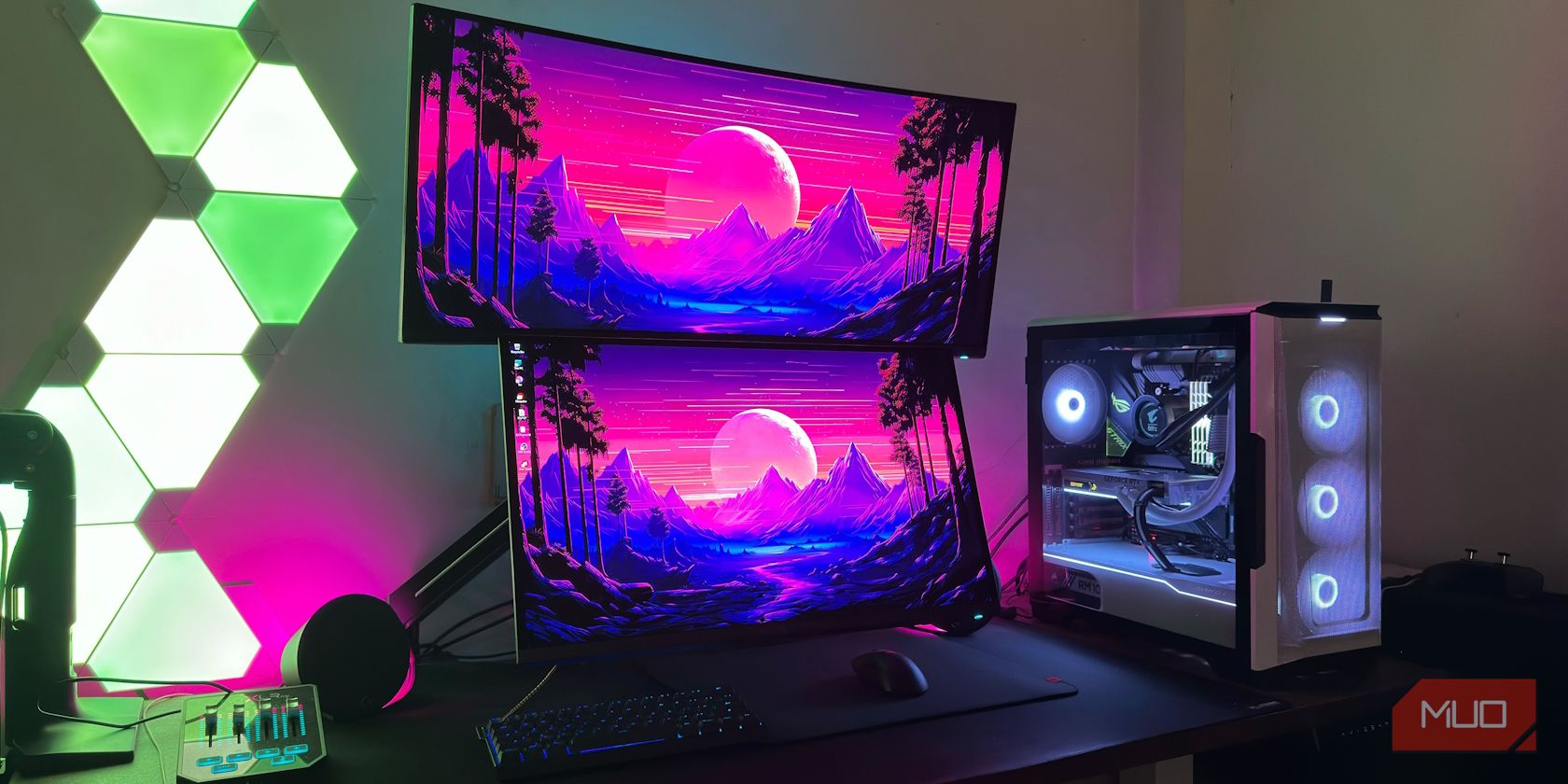 Here S How I Prevent Screen Burn In On My OLED Monitor And TV Two Oled Monitors Vesa Mounted On A Desk With Keyboard And Mouse Below It 