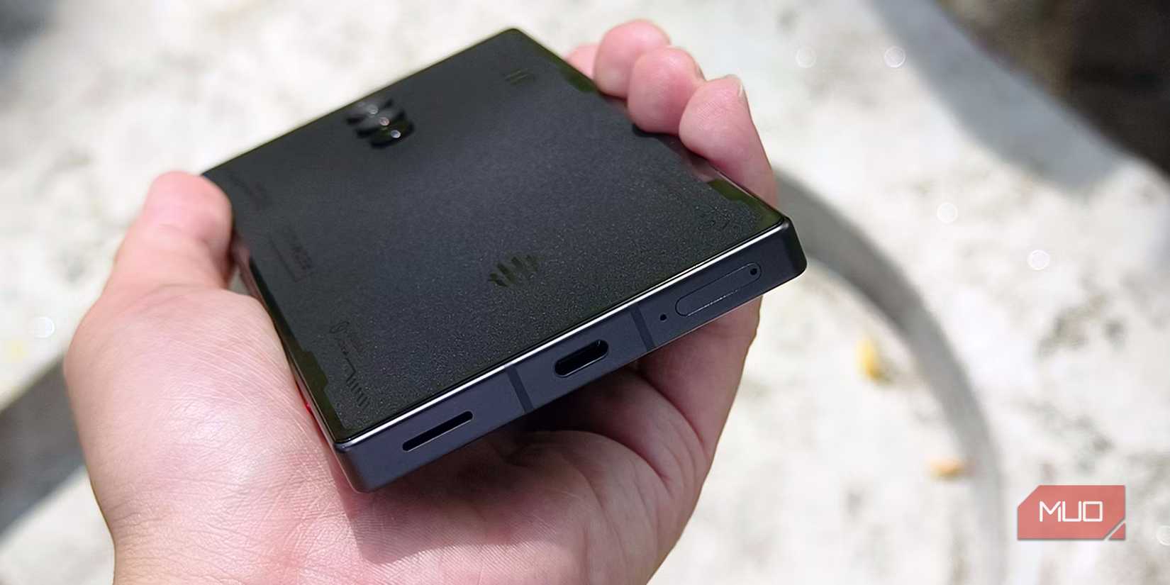 The USB-C port and SIM tray on a Redmagic 8 Pro