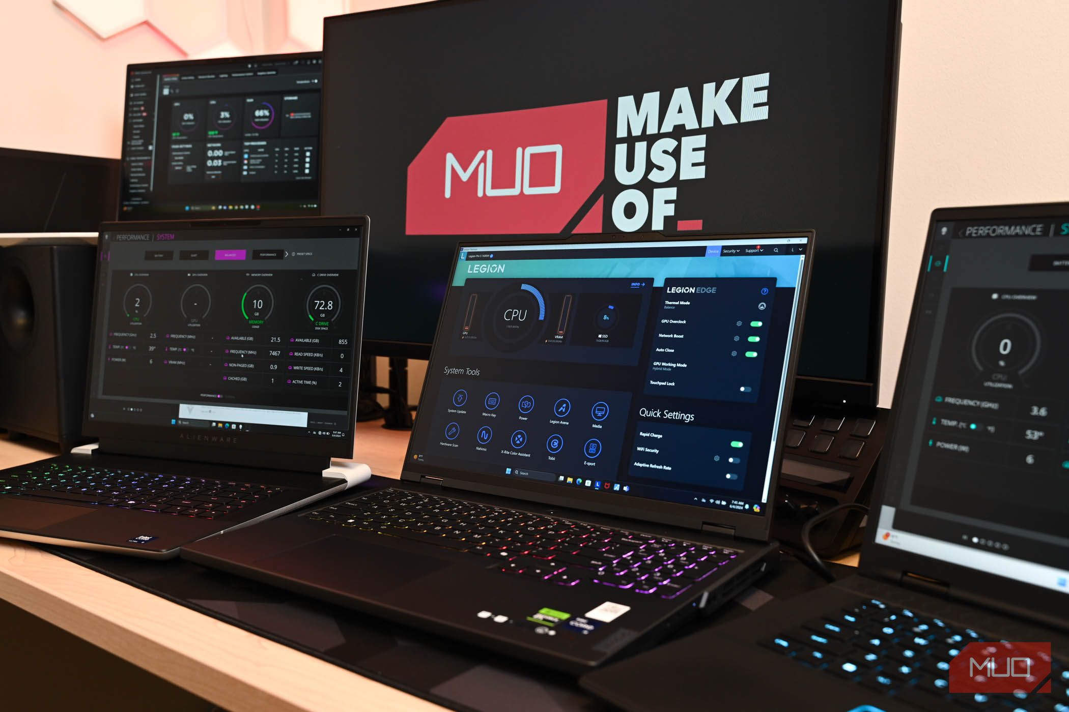 Testing Gaming Laptops in front of a monitor with the MakeUseOf logo