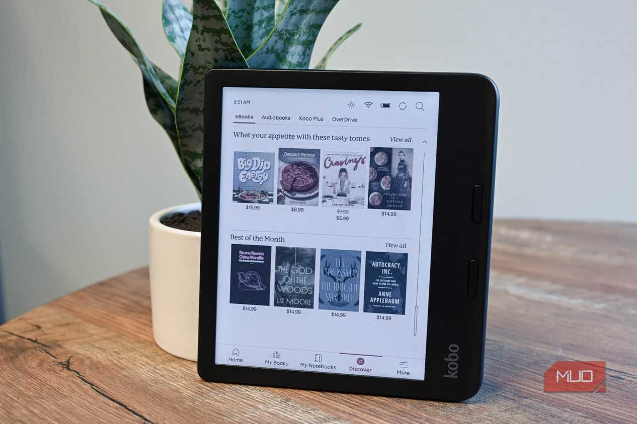 Discover Ebook tab of the Kobo Libra Colour on desk