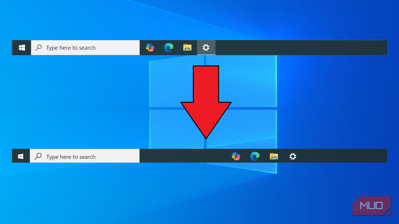 Two taskbars on a Windows 10 background showing the difference between left-aligned and centered icons.