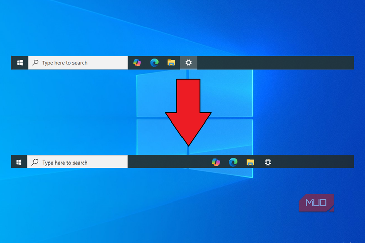 Two taskbars on a Windows 10 background showing the difference between left-aligned and centered icons.
