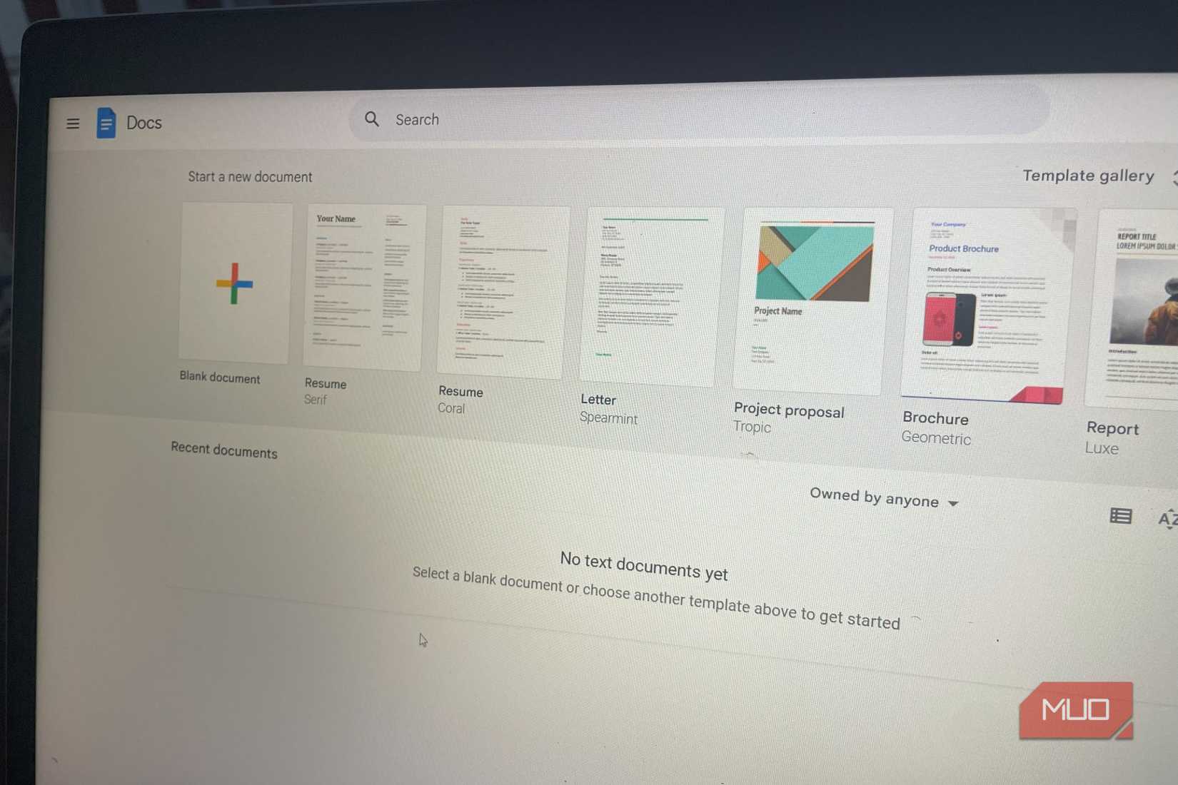 Picture of a laptop showing the Google Docs home page.