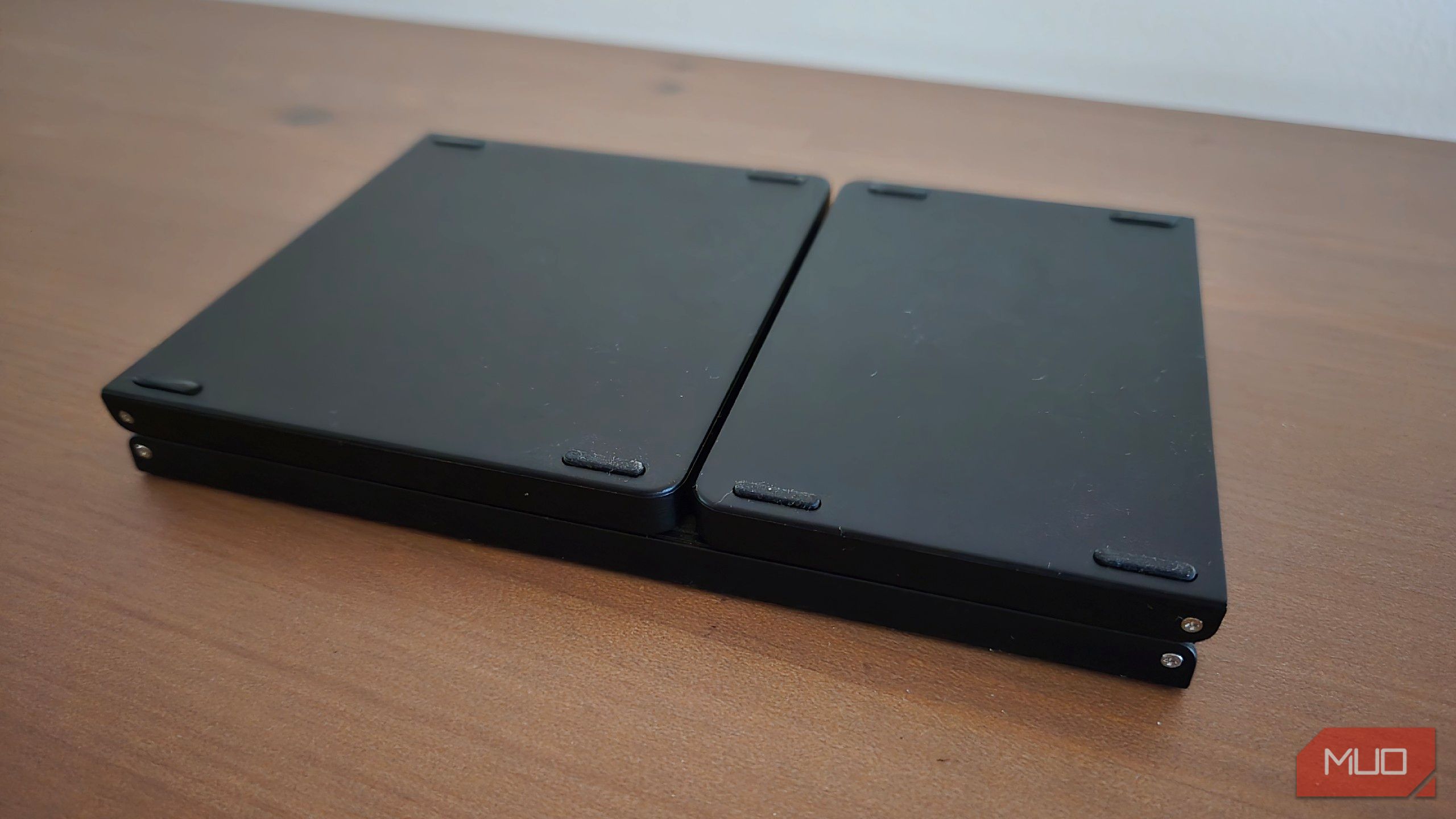 A foldable Bluetooth keyboard folded up.