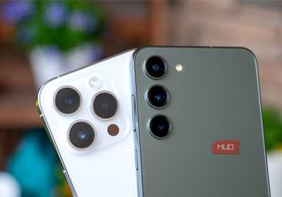 Rear cameras showing Android Samsung Galaxy S23+ and Apple iPhone 14 Pro