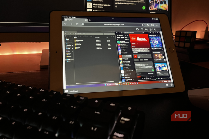 iPad running Windows 11 via Chrome Remote Desktop with a keyboard and mouse in the foreground