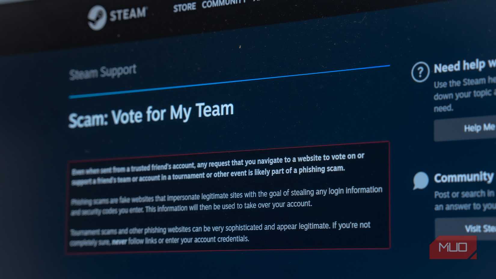 Photo of the Steam Support page going over a Scam.