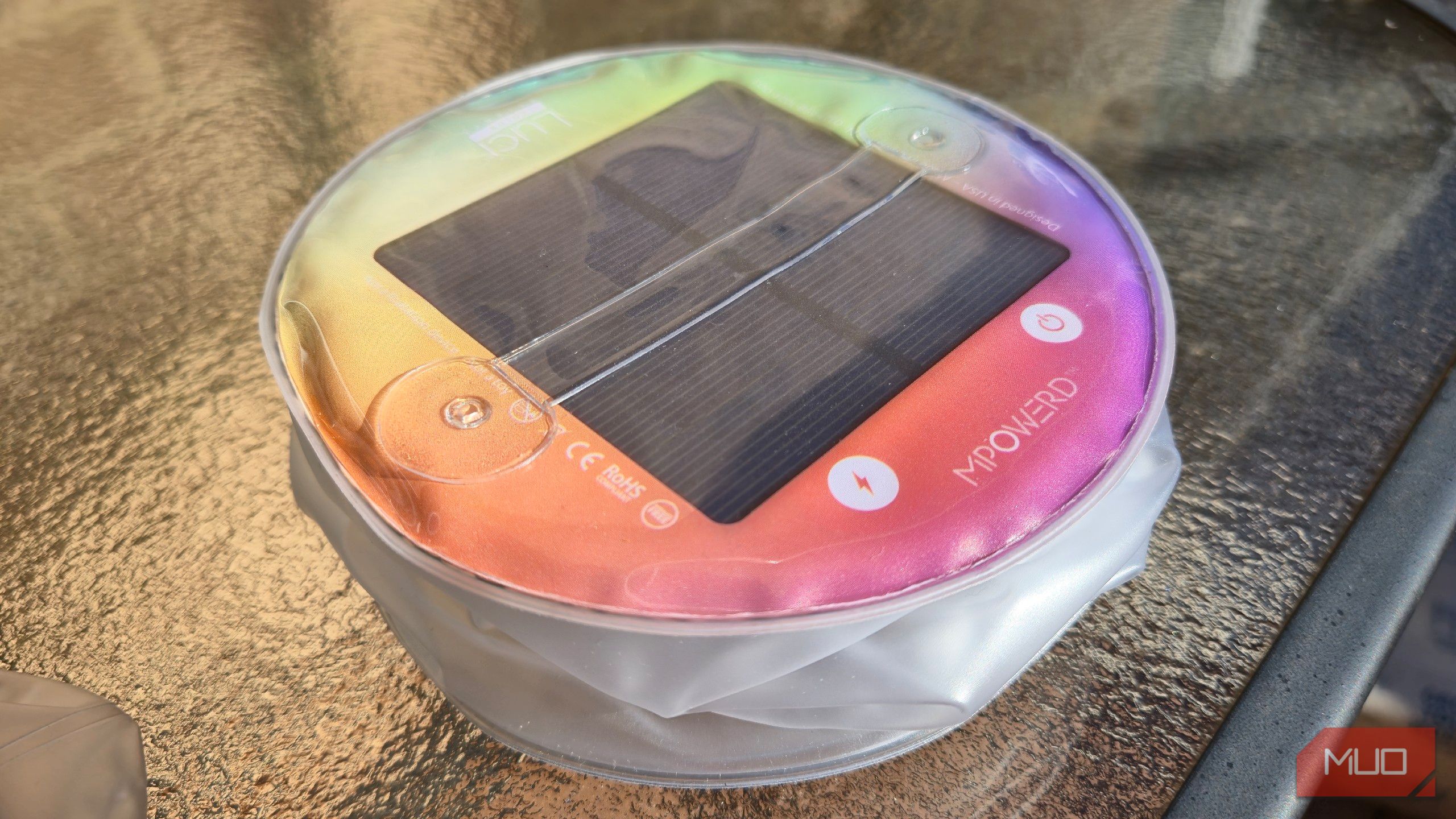 An inflatable solar-powered Luci light.