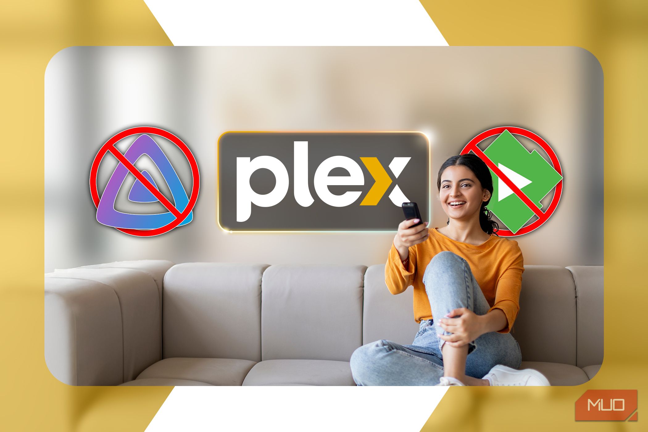 A woman on the couch holding the TV remote with the Plex logo in the center and the Jellyfin and Emby logos crossed out beside it.