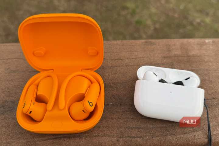 Apple AirPods Pro 2 and Powerbeats pro 2 next to each other.