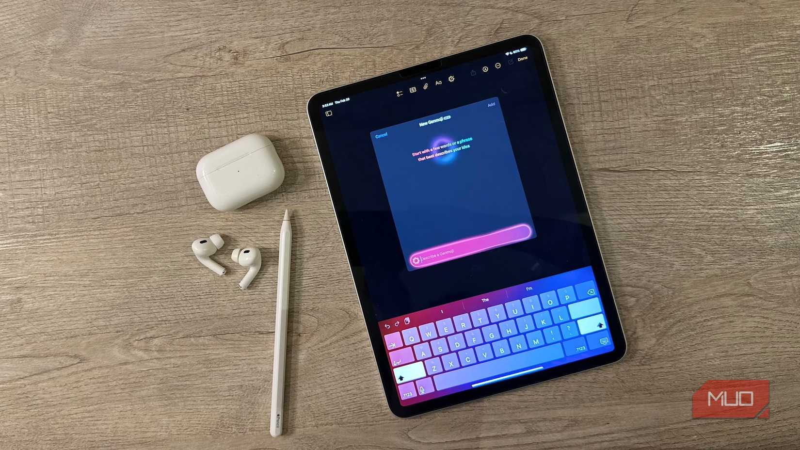 Genmoji screen on iPad, alongside AirPods and Apple Pencil
