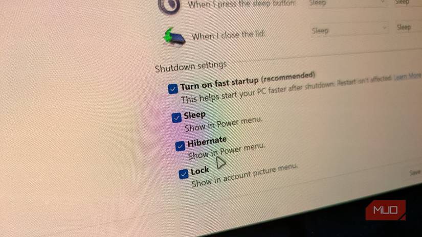 Power Options menu showing shutdown settings