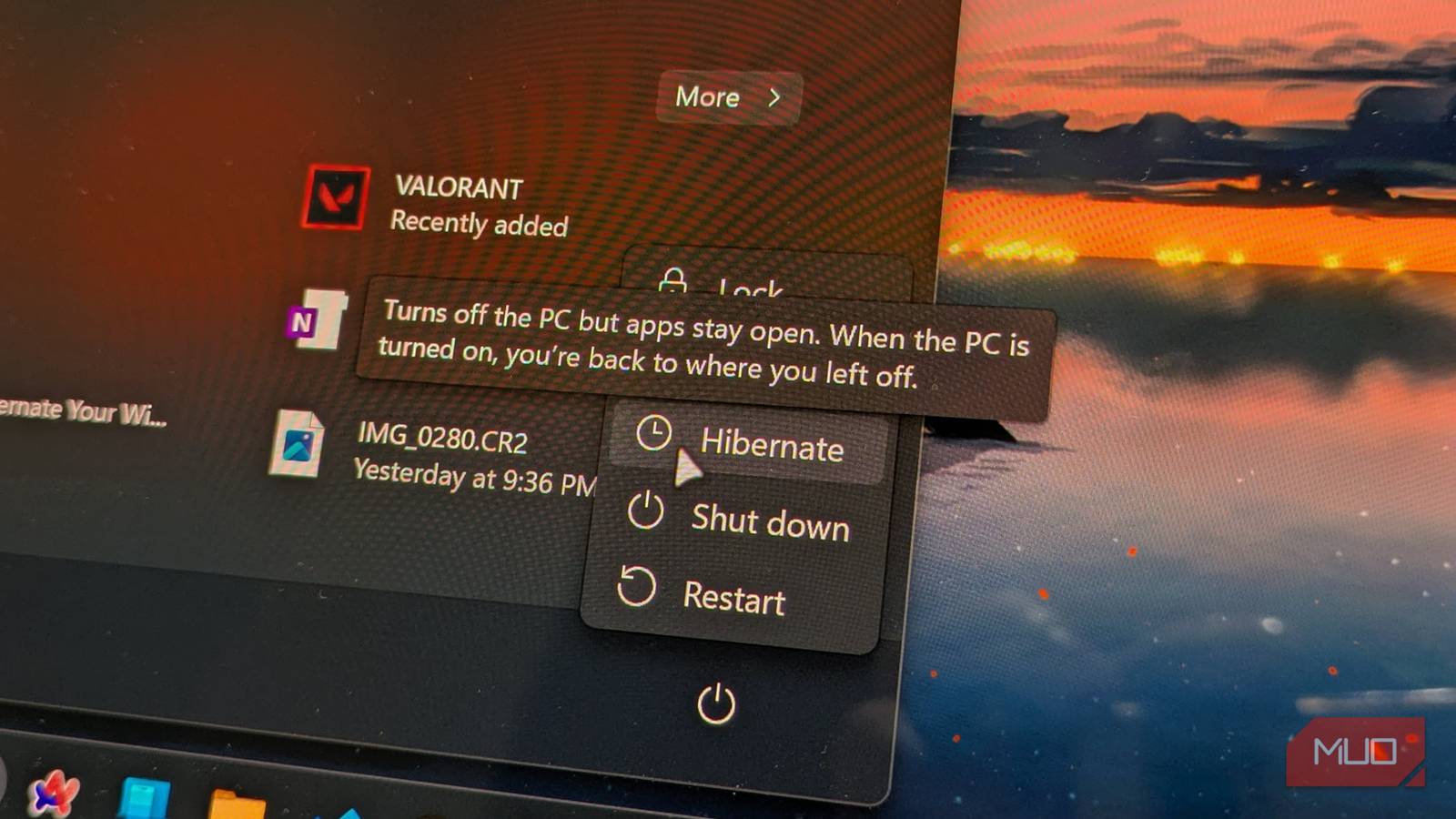 Windows power menu showing Hibernate option