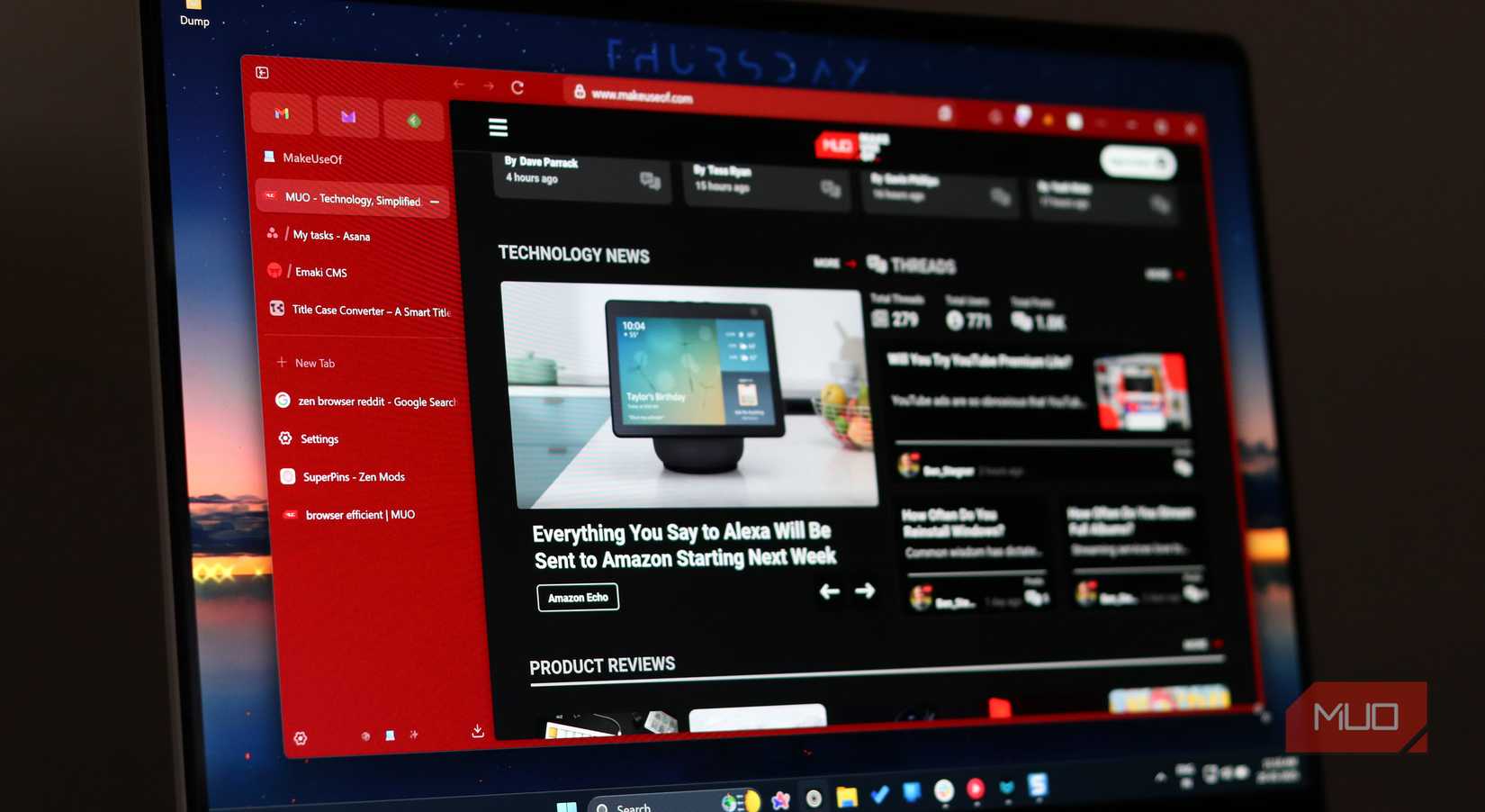 Zen browser with the MUO website open