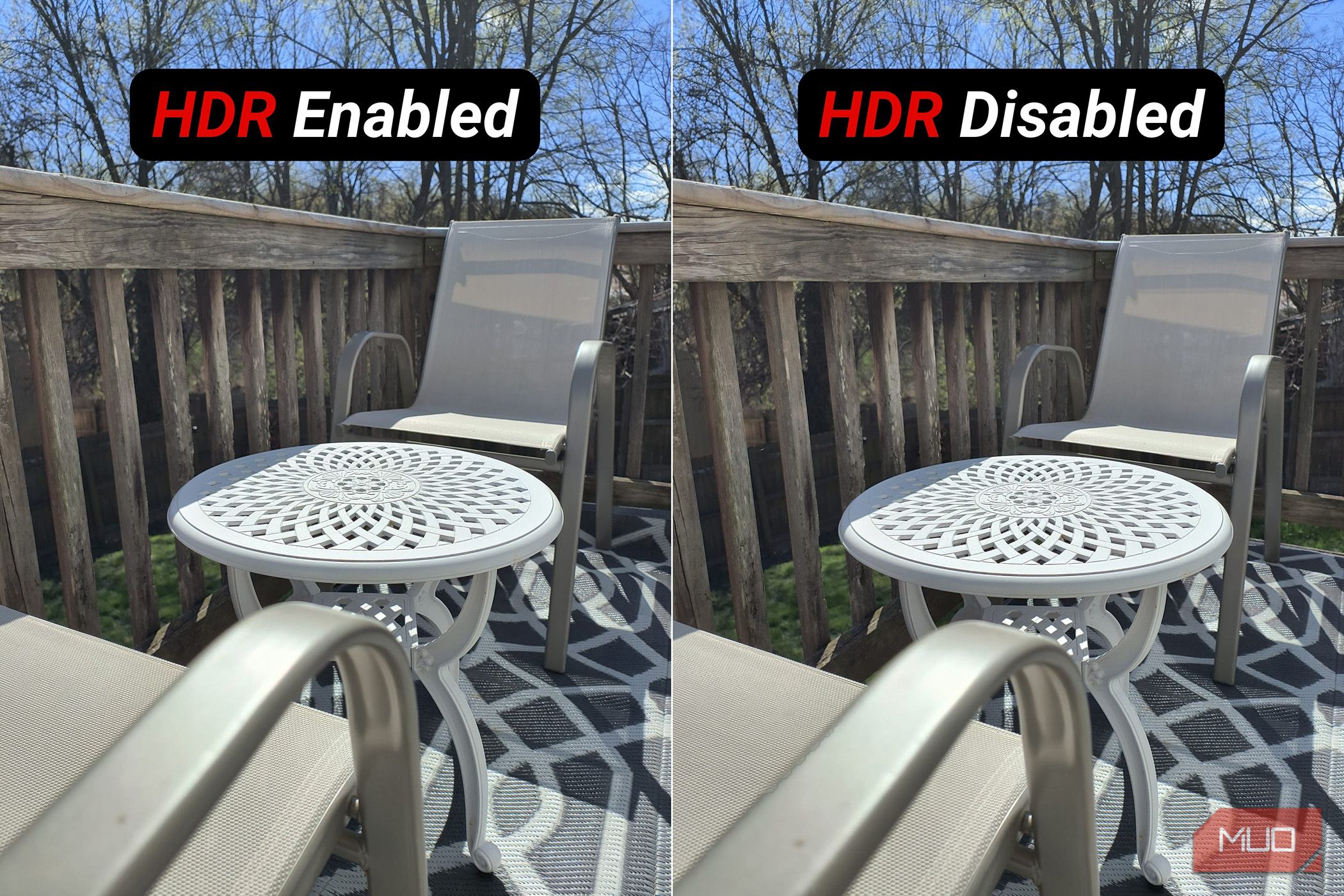 Una imagen en pantalla dividida que muestra la misma foto con HDR habilitado y deshabilitado