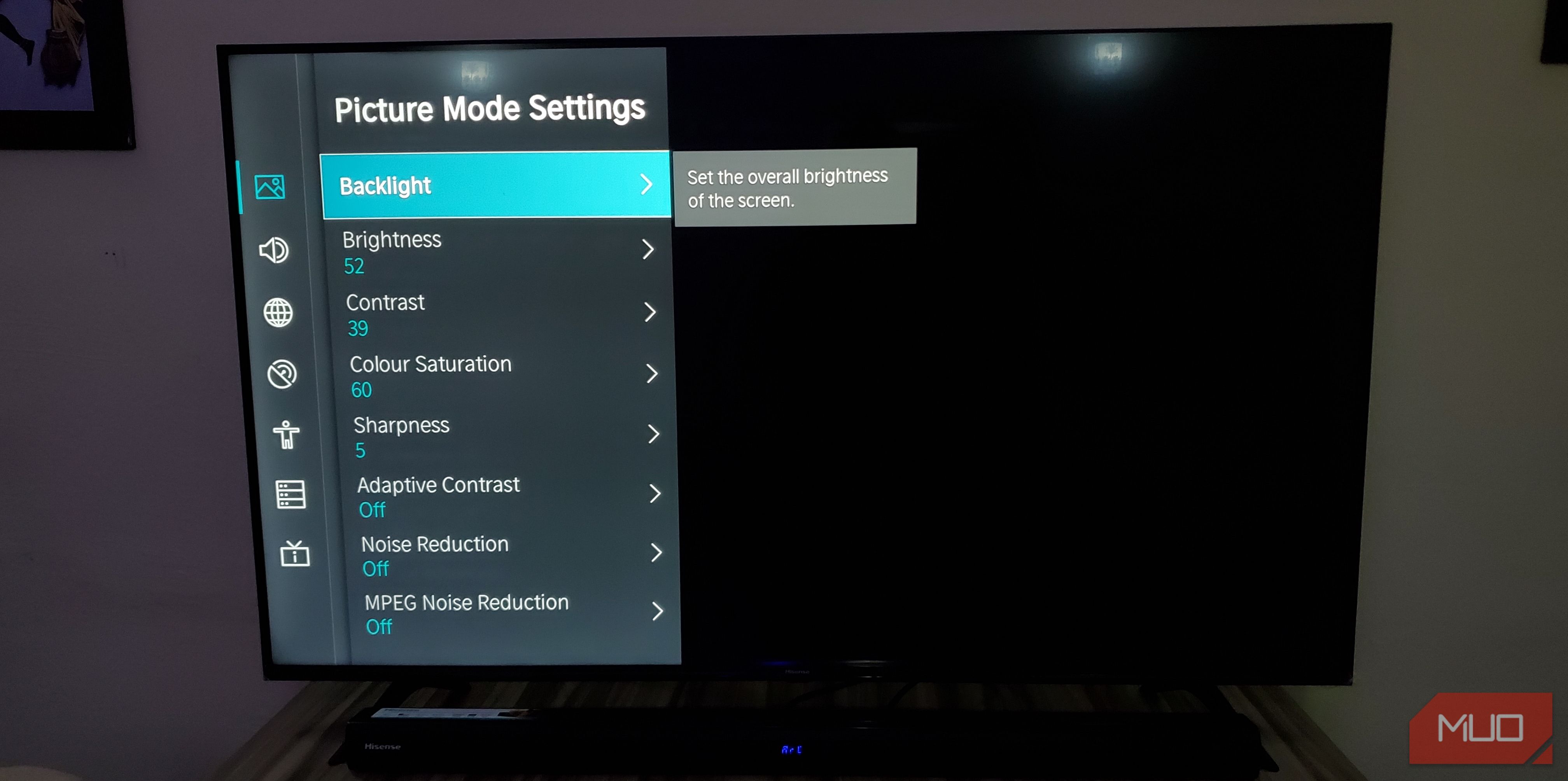 Adjusting picture mode settings on Hisense smart TV.