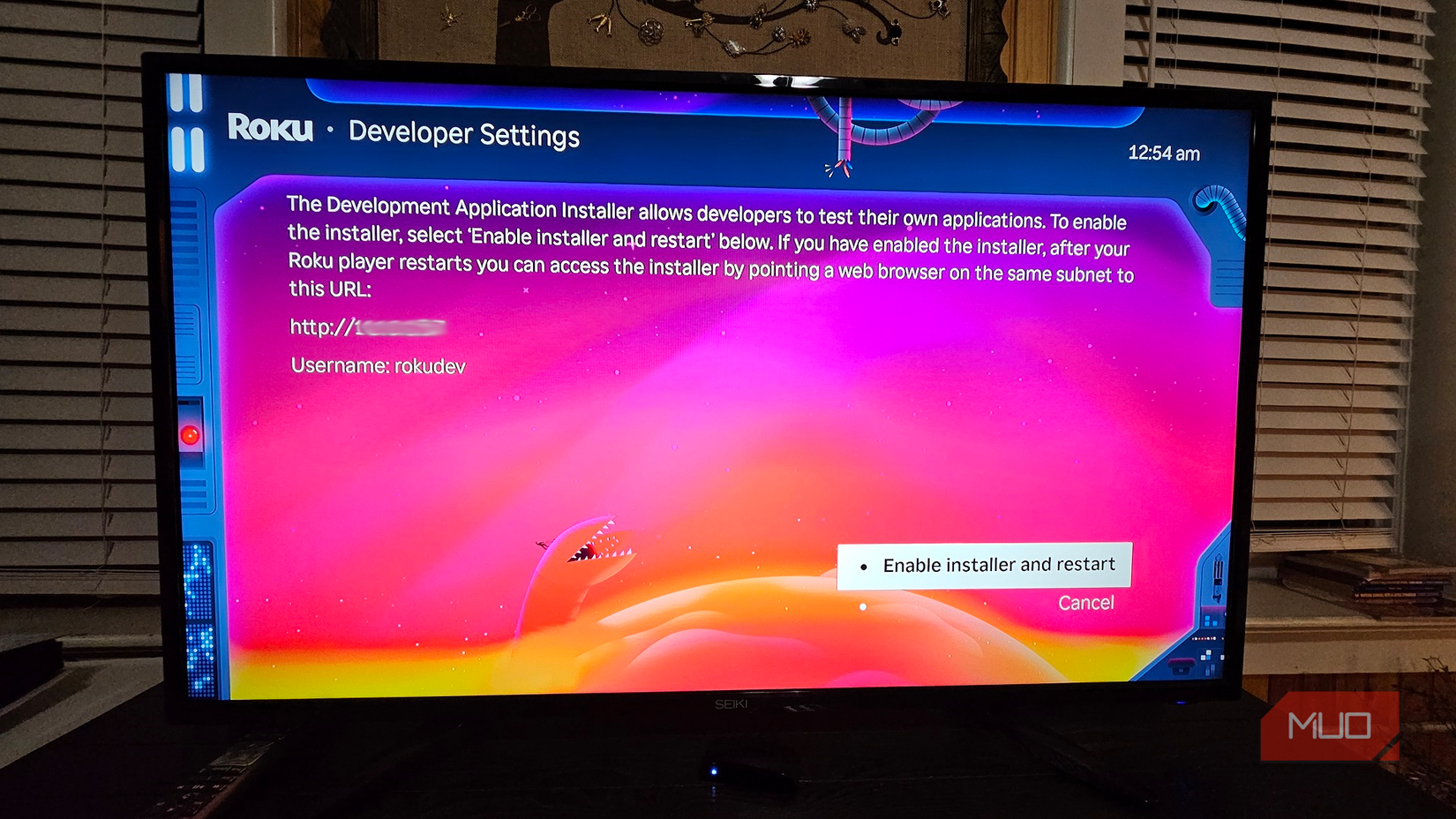 Roku Developer Settings menu, highlighting the Enable installer and restart option