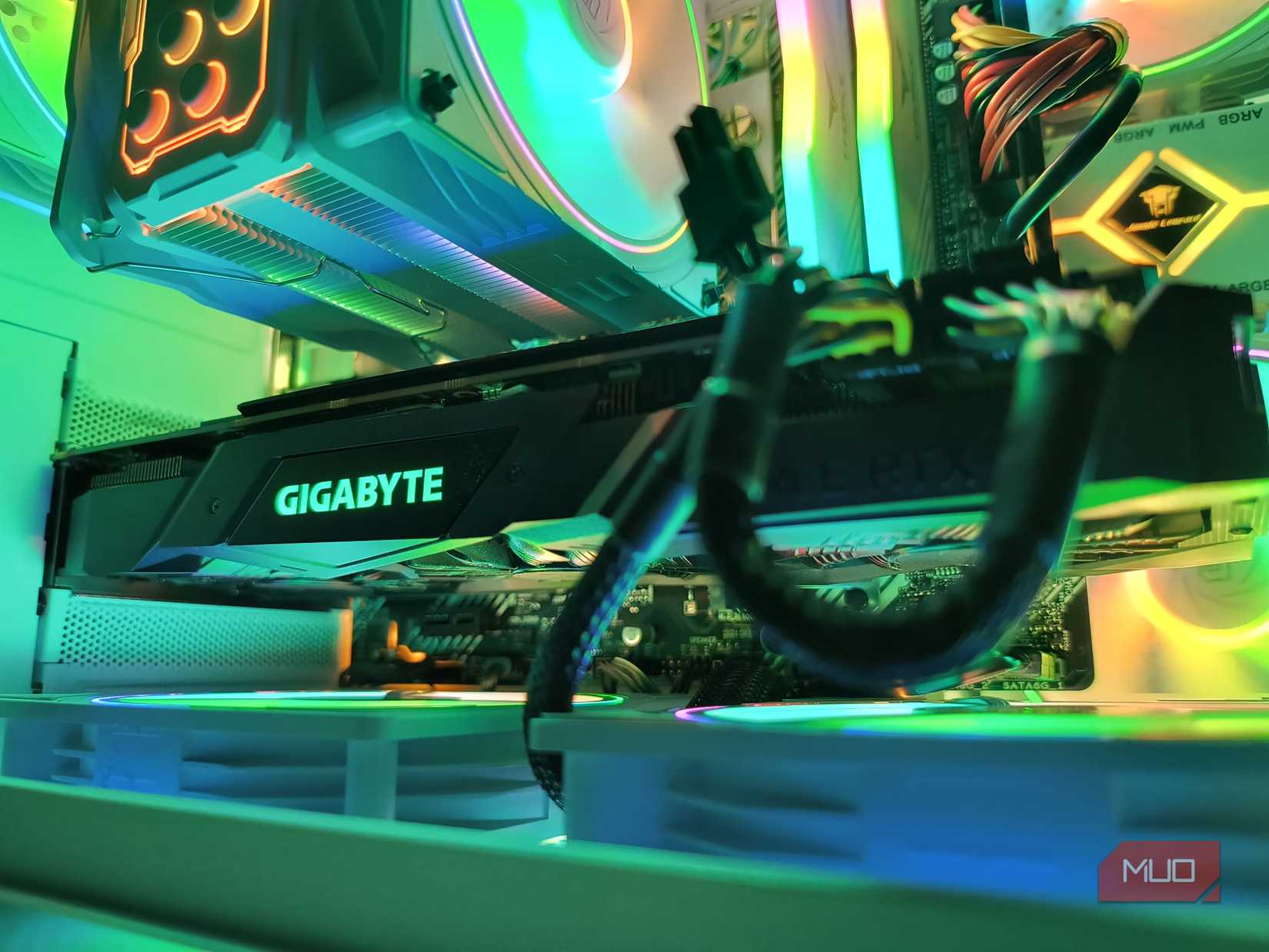 The inside of a custom built computer—showcasing the GPU
