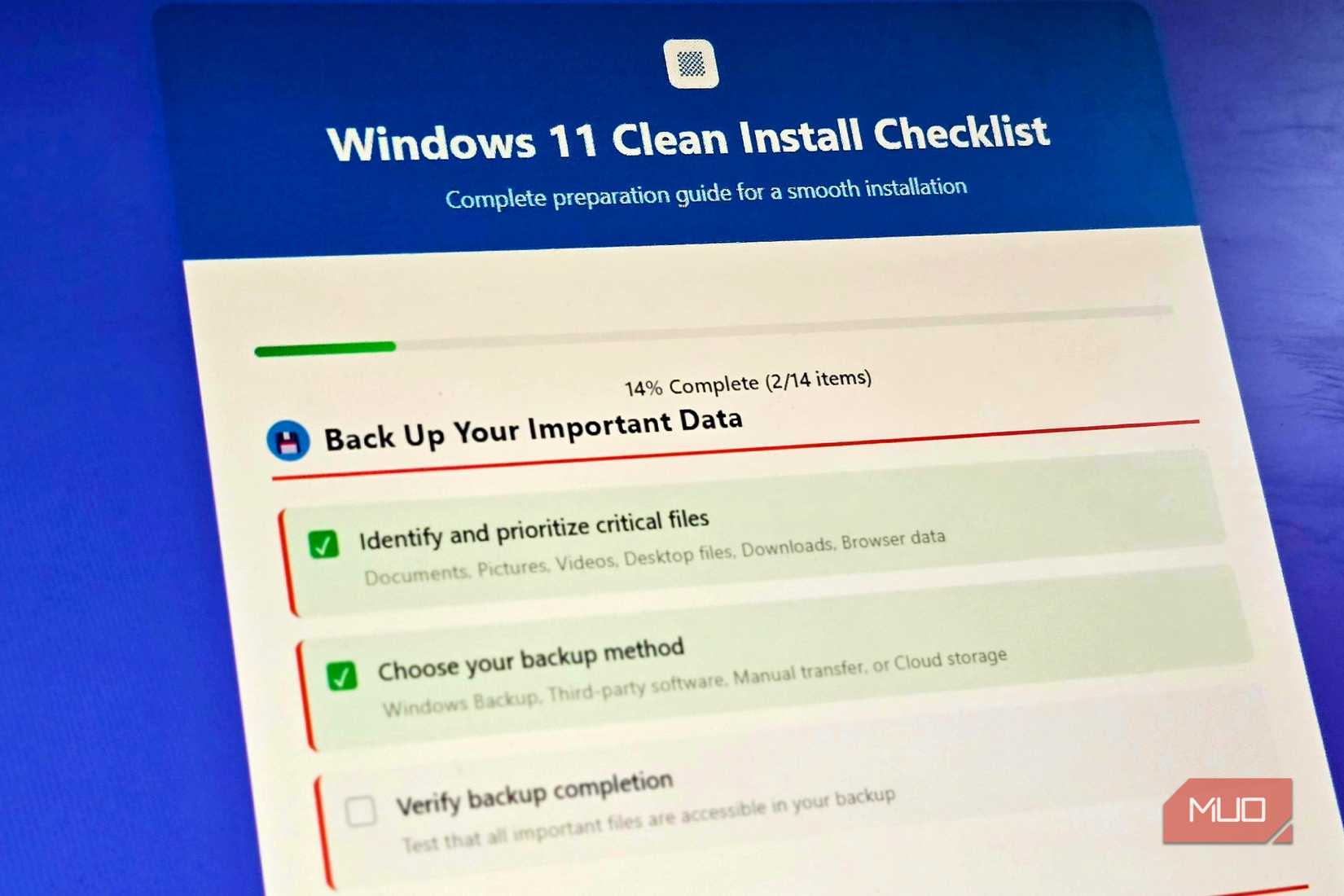 A Windows 11 Clean Install Checklist on a PC monitor