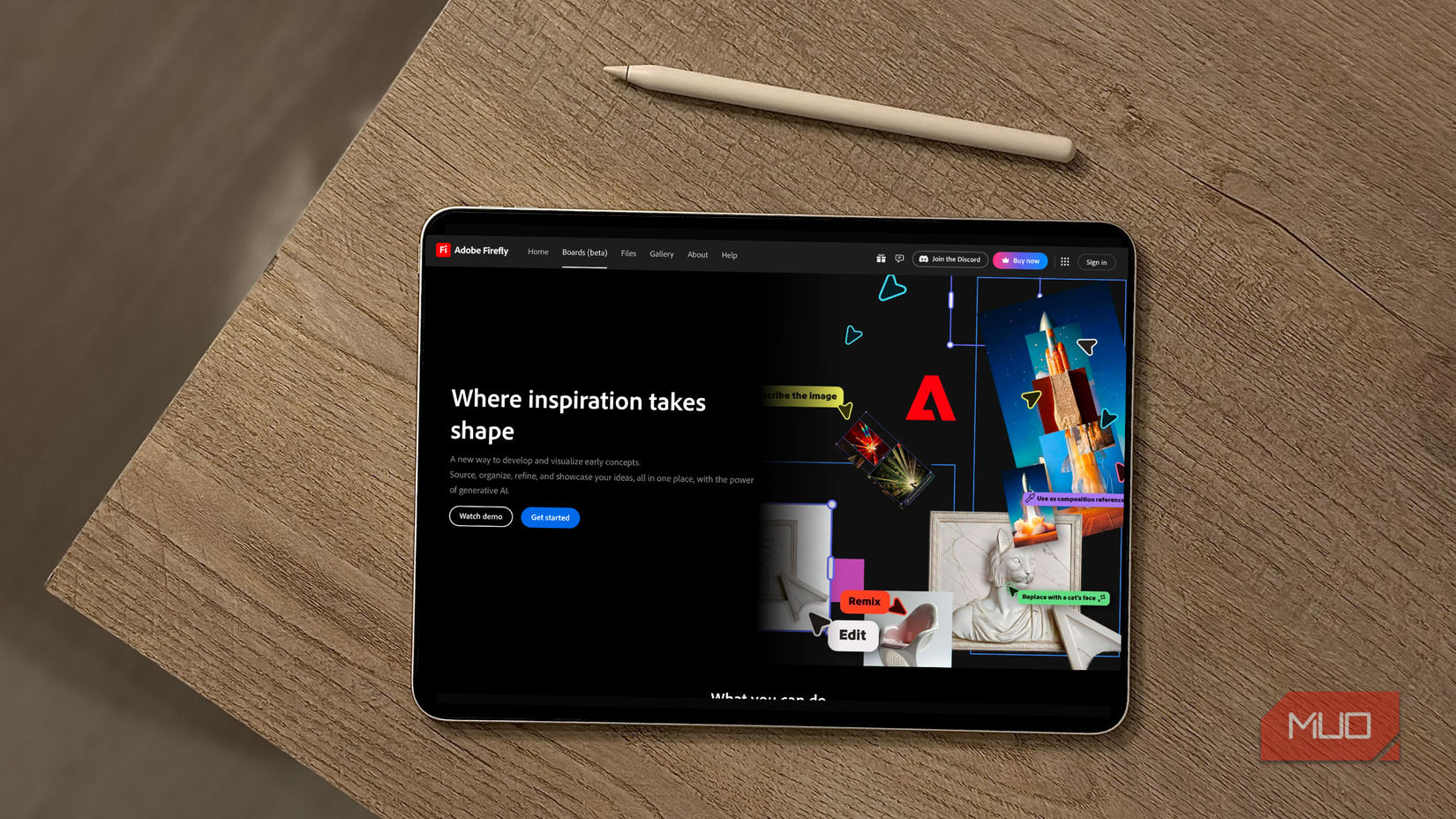Adobe Firefly Boards screen displayed on an iPad on a table alongside an Apple Pencil