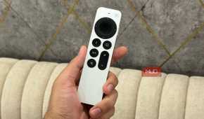 Apple TV remote in hand