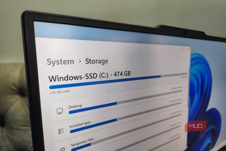 Close up of laptop screen showing storage menu