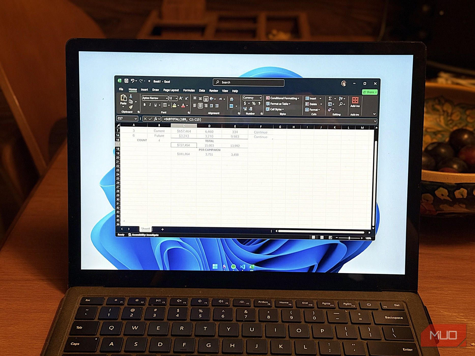 Excel open on a laptop running Windows