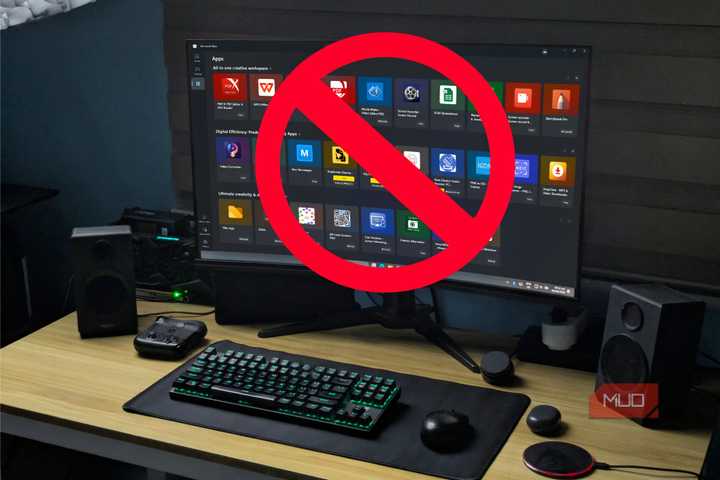 Monitor showing Microsoft Store with a cancelled sign on top