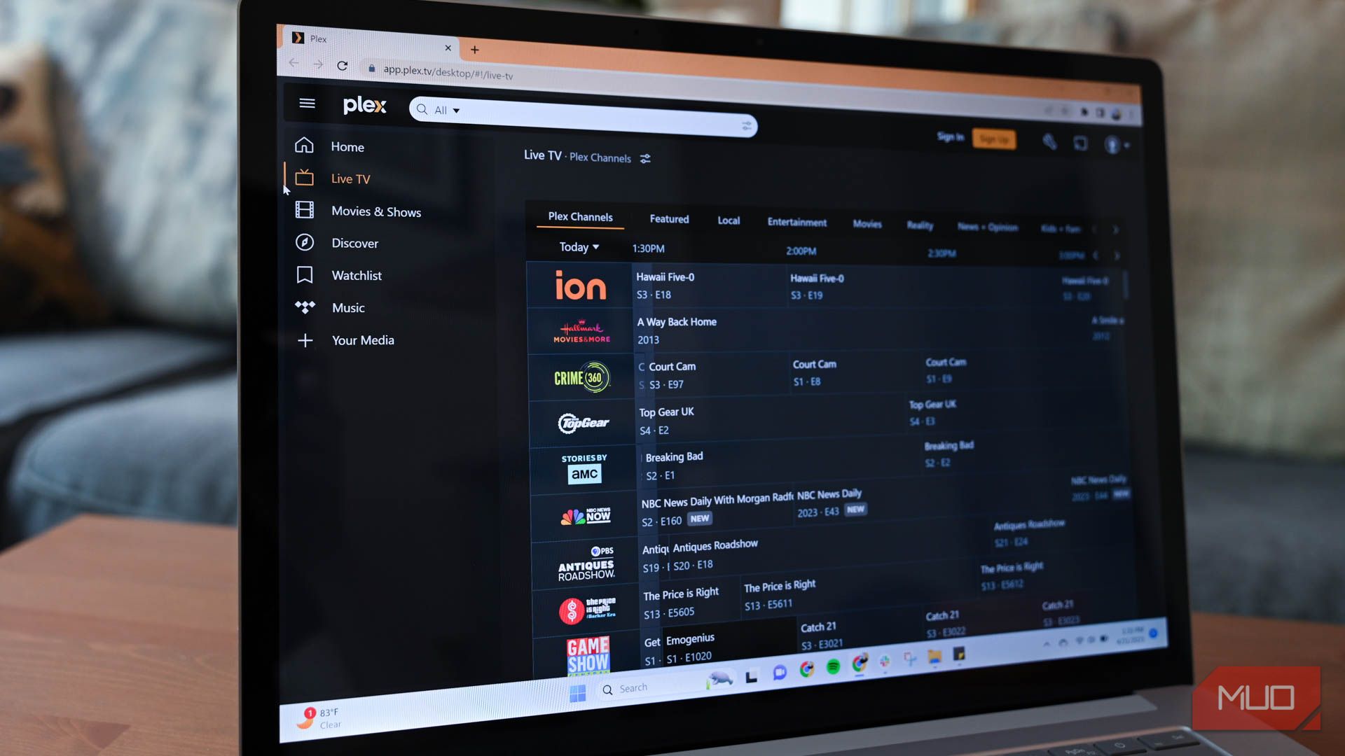 Plex Live TV schedule open on a laptop