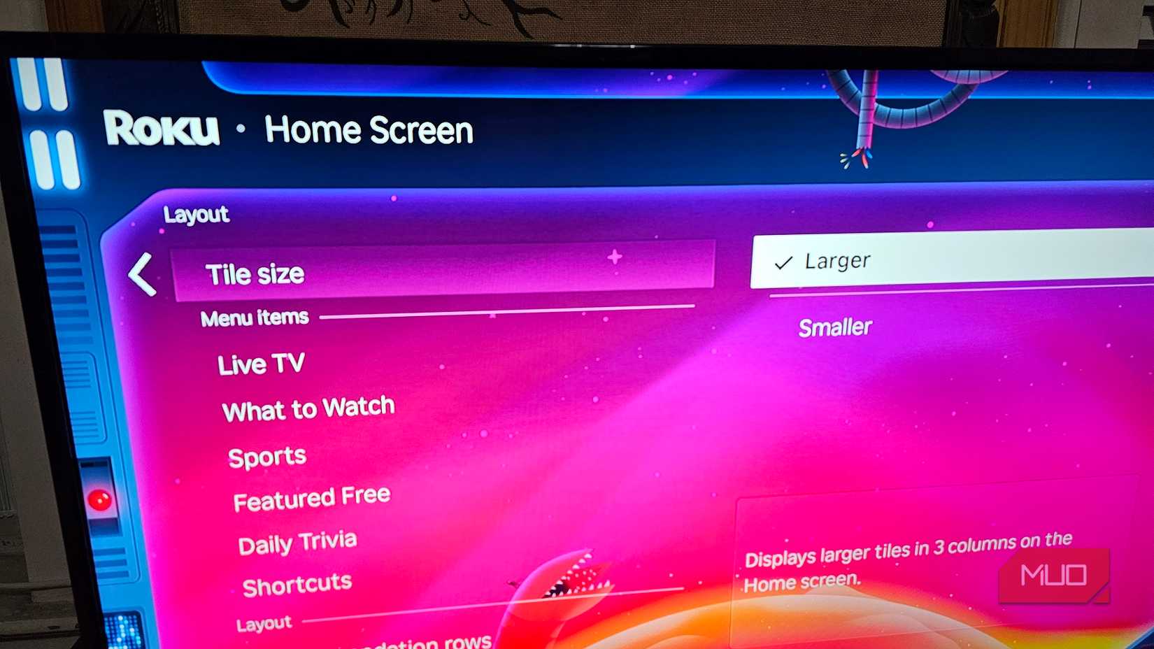 Setting Roku's Tile Size to Larger in the Home screen menu