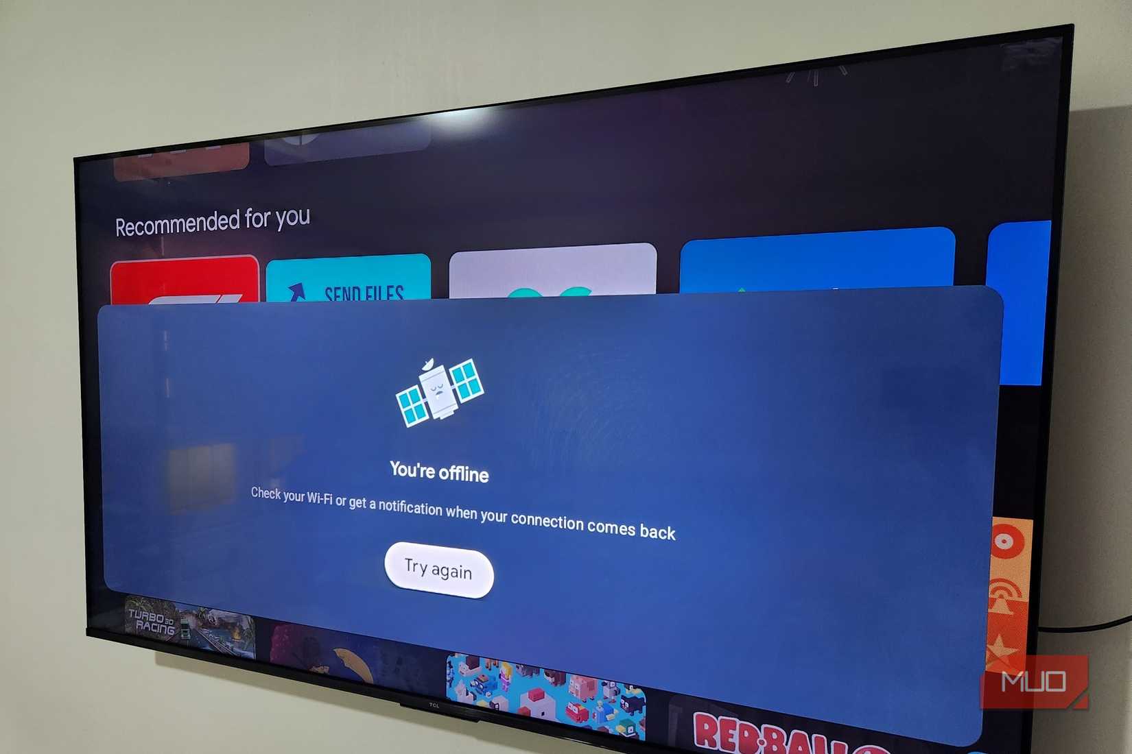 Smart TV on a wall showing offline error