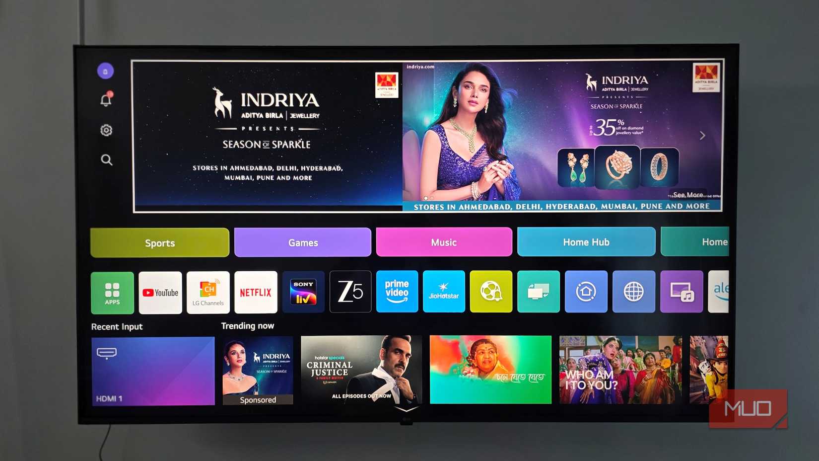 The LG Smart TV is mounted on the Wall.