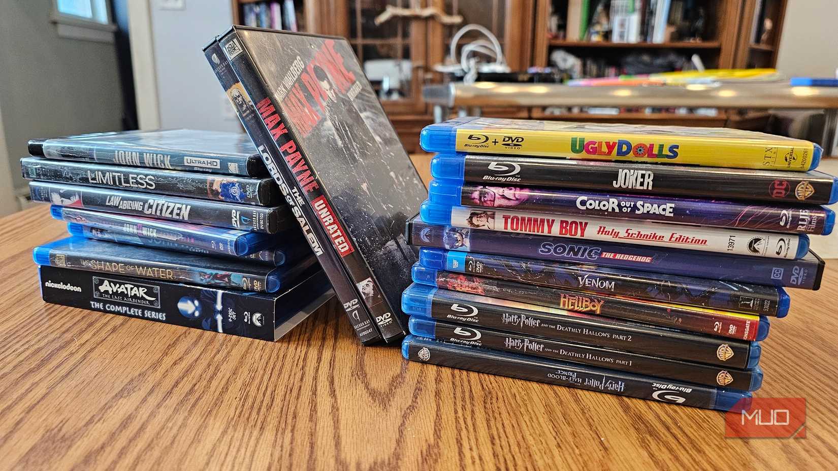 Two stacks of DVDs and Blu-rays