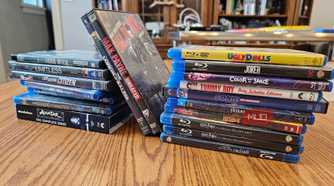 Two stacks of DVDs and Blu-rays