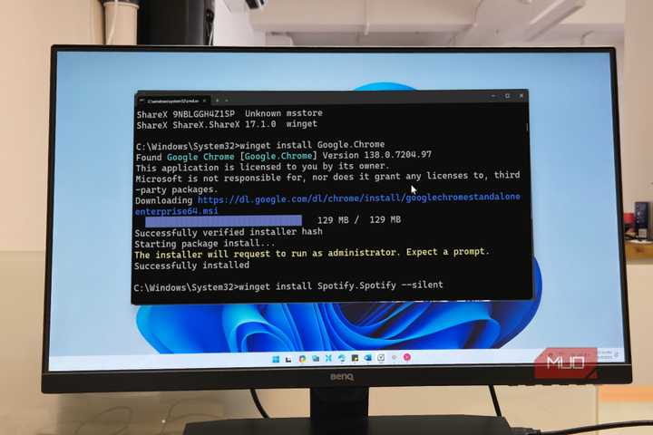 winget cmd app open on a BENQ monitor