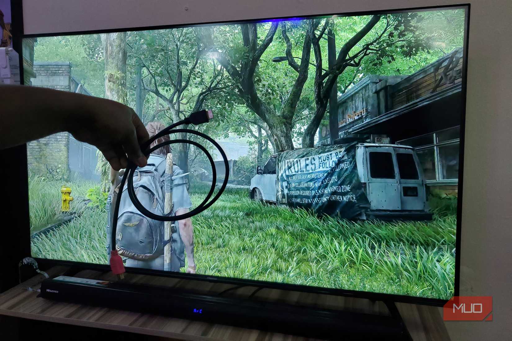 A hand holding an HDMI cable in front of a TV screen.