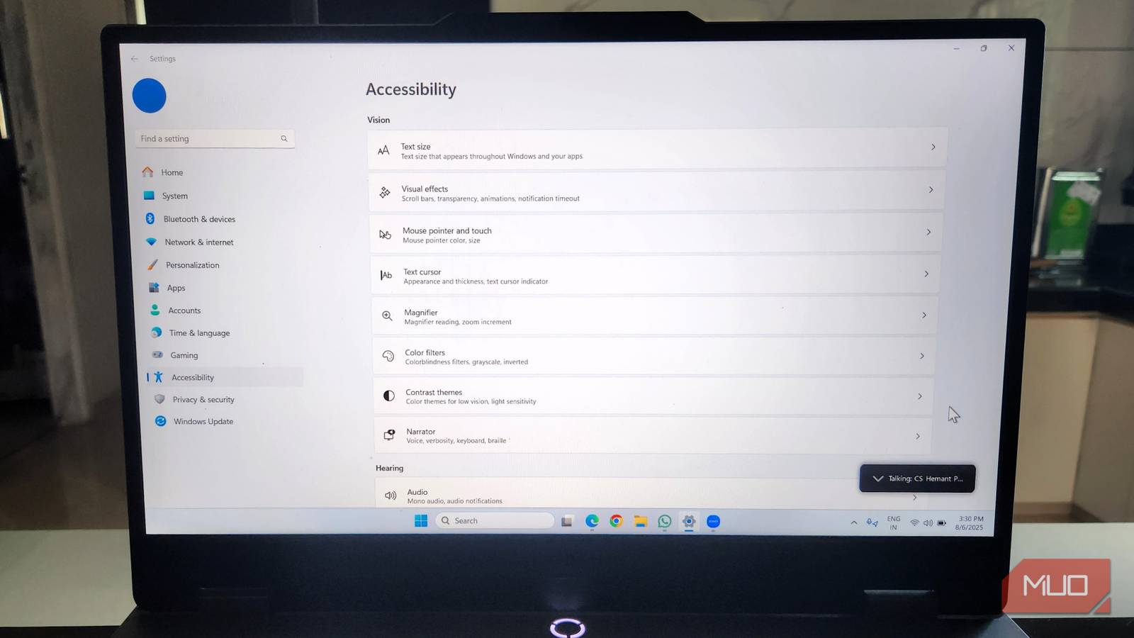 A Windows laptop showing accessibility settings menu