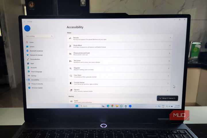 A Windows laptop showing accessibility settings menu