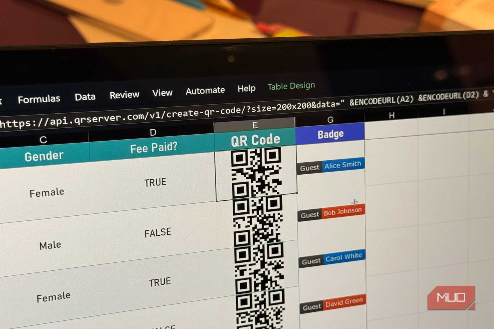 An Excel spreadsheet showing QR codes and badges
