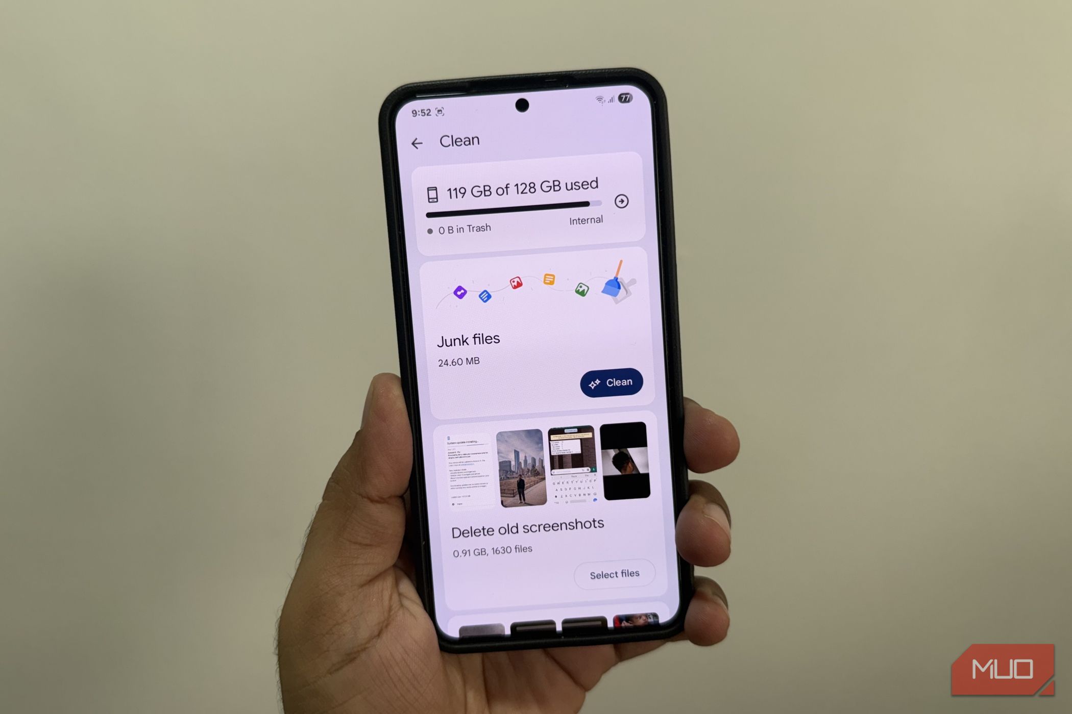 Android phone in hand showing Google Files app