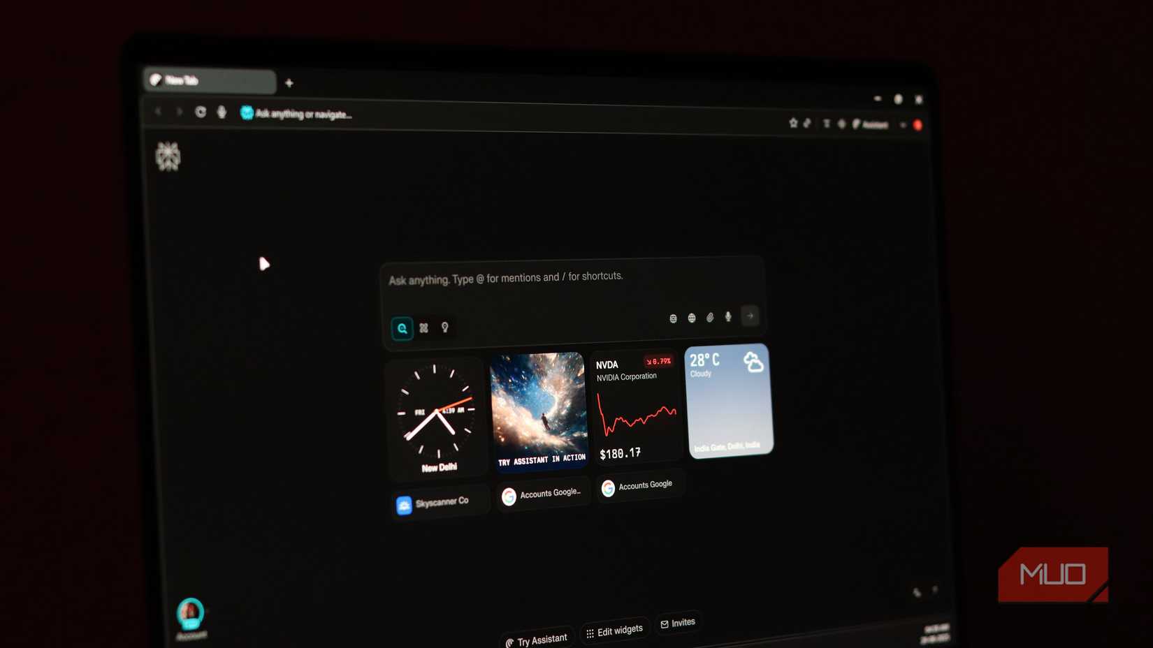 Comet browser's homepage with widgets and search bar. 