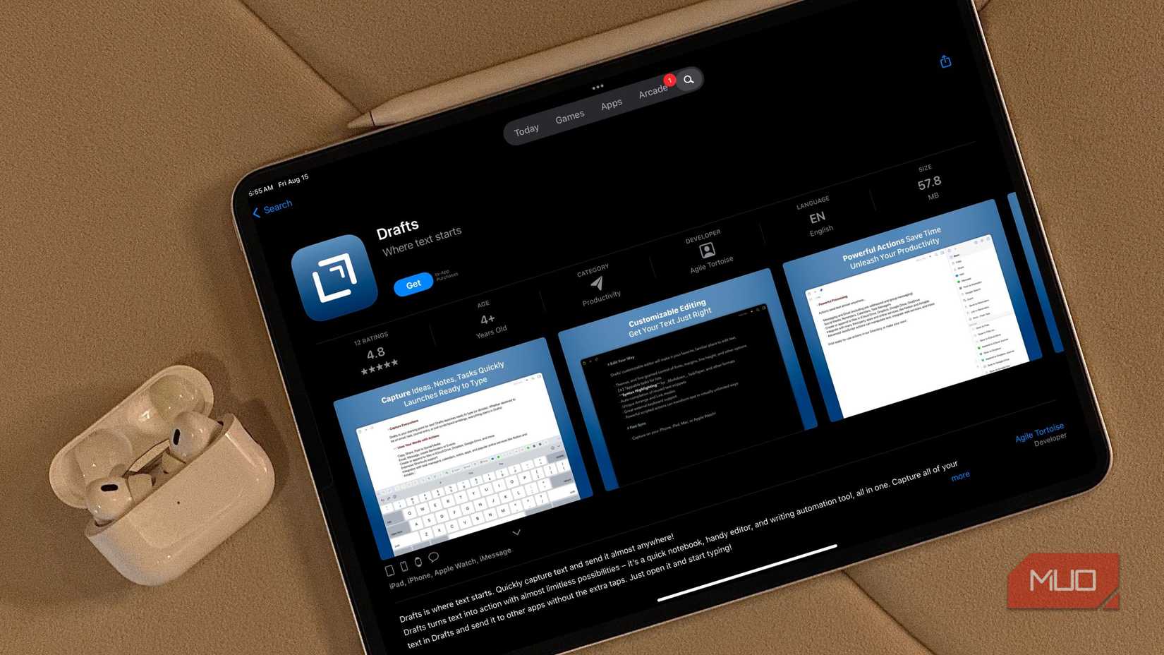 Drafts App store page displayed on an iPad