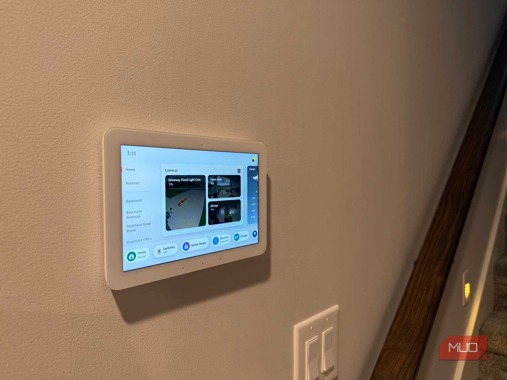 echo hub flush mounted on wall by stairs