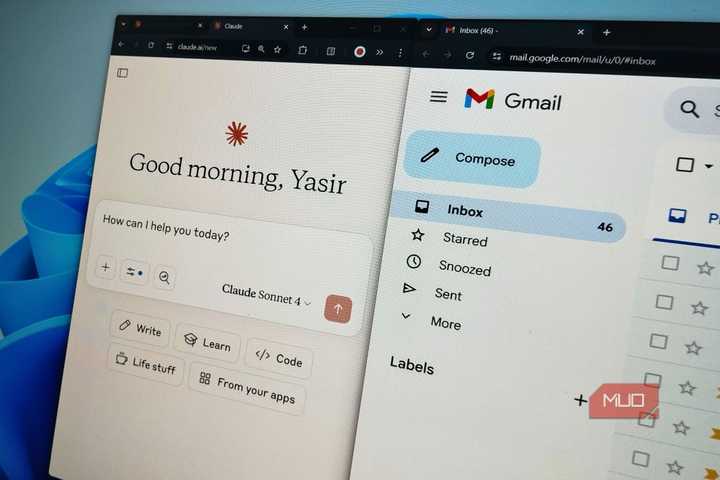 Gmail window stacked on Claude window.
