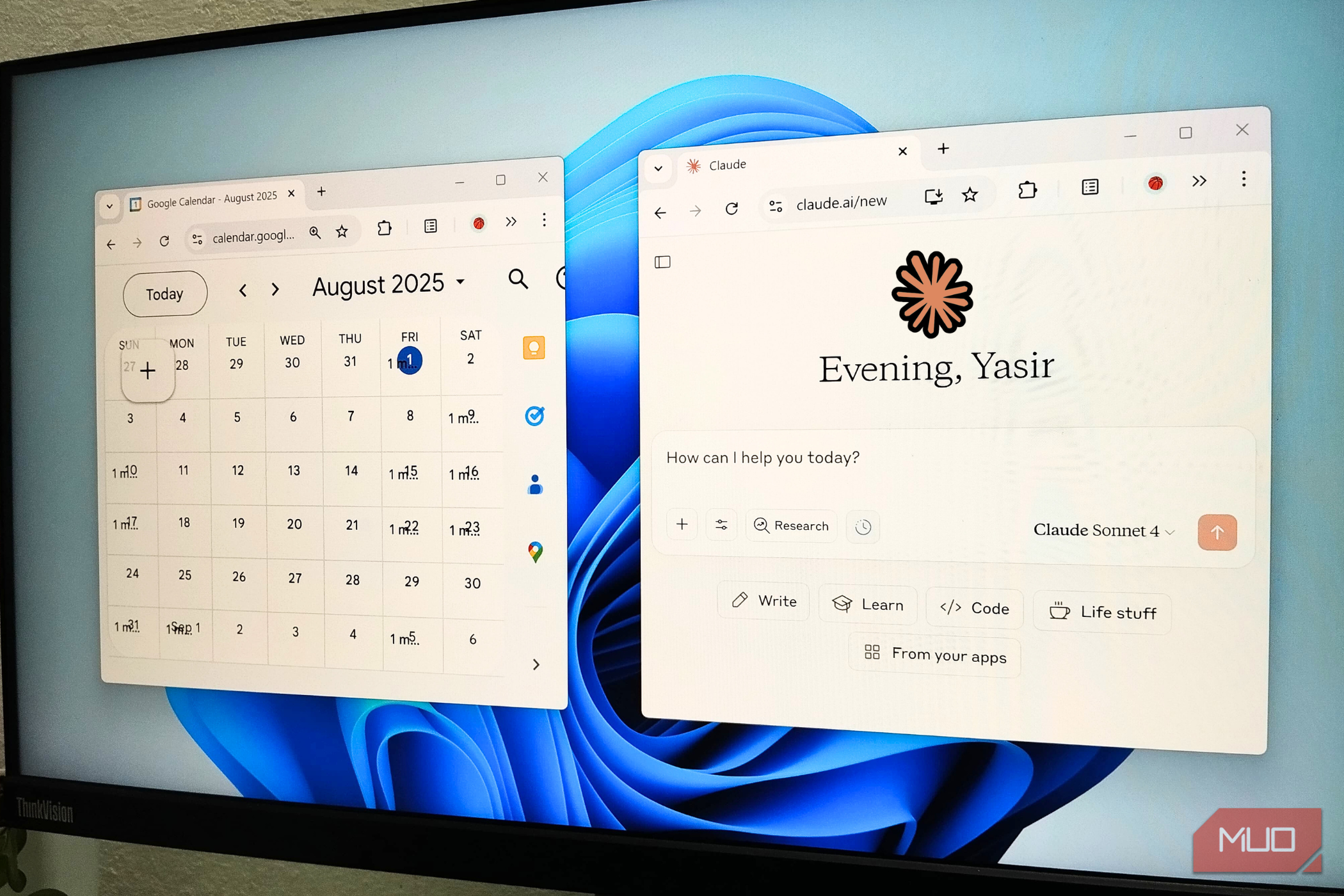 Google Calendar and Claude Windows open on a ThinkVision monitor